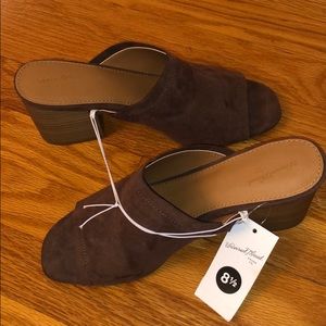 Brown suede heeled slip on sandals
